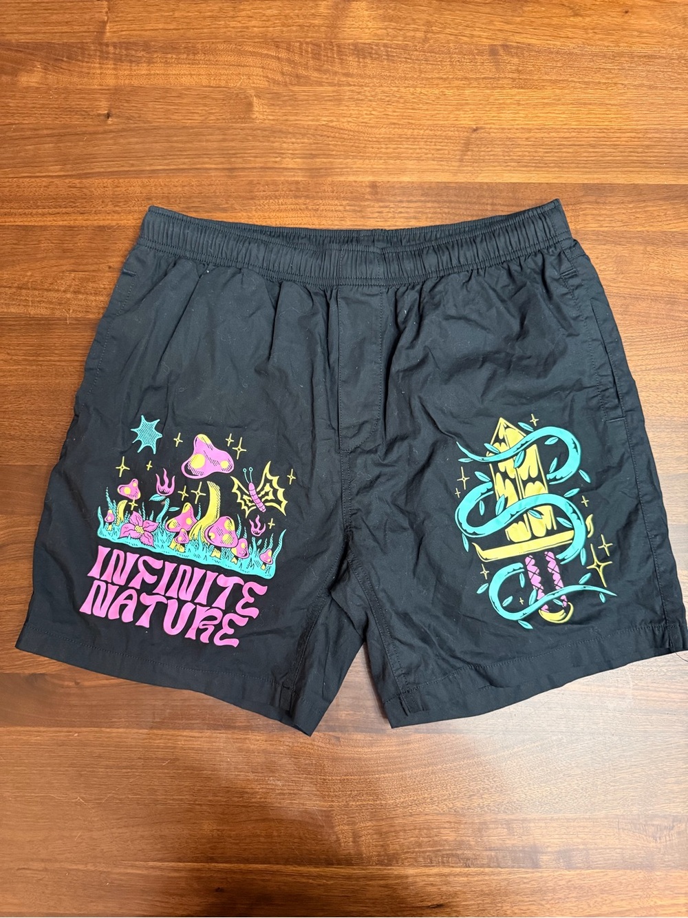 Black Graphic Athletic Shorts with Neon Mushroom & Dagger Artwork